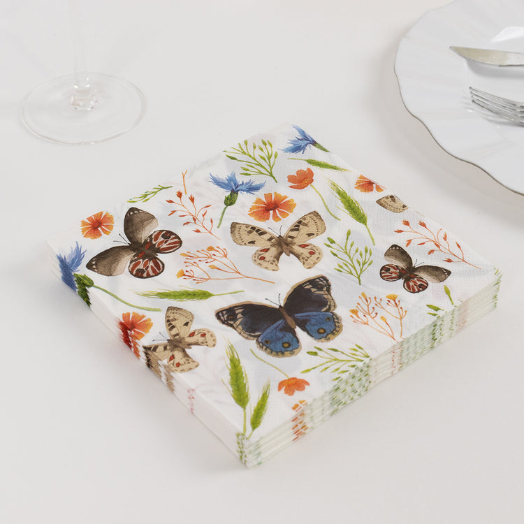 50 Pack Ivory 2-ply Paper Beverage Napkins with Field Herbs and Butterfly Print