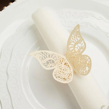 12 Pack Ivory Shimmery Laser Cut Butterfly Paper Napkin Rings, Chair Sash Bows, Serviette Holders