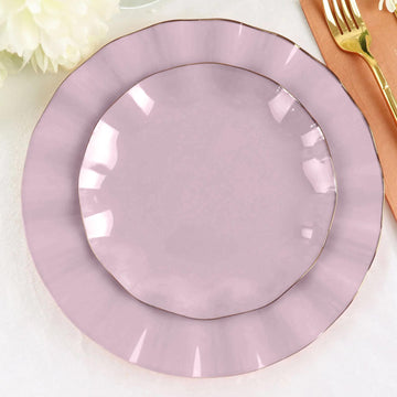 10 Pack Lavender Lilac Hard Plastic Dessert Plates with Gold Ruffled Rim, Heavy Duty Disposable Salad Appetizer Dinnerware 6"