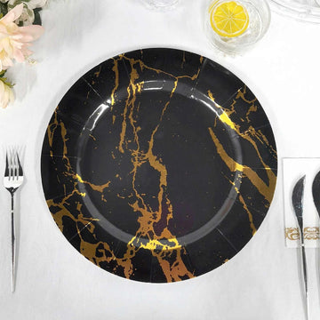 10 Pack Marble Disposable Charger Plates, Cardboard Serving Tray, Round with Leathery Texture - Black/Gold 1100 GSM 13"