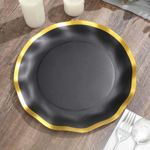 25 Pack | 10inch Matte Black / Gold Wavy Rim Paper Dinner Plates, Disposable Round Party Plates