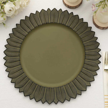 6 Pack Matte Olive Green Sunflower Plastic Dinner Charger Plates, Disposable Round Serving Trays 13"