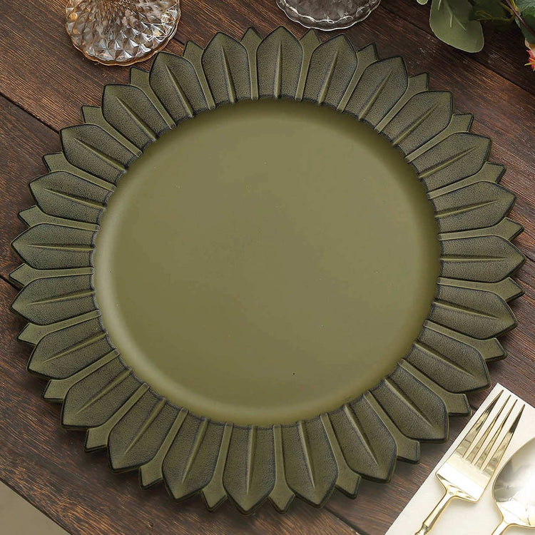 Acrylic Charger Plates - Matte Olive Green Hard Plastic Sunflower Design - 13 inches x 8.5 inches