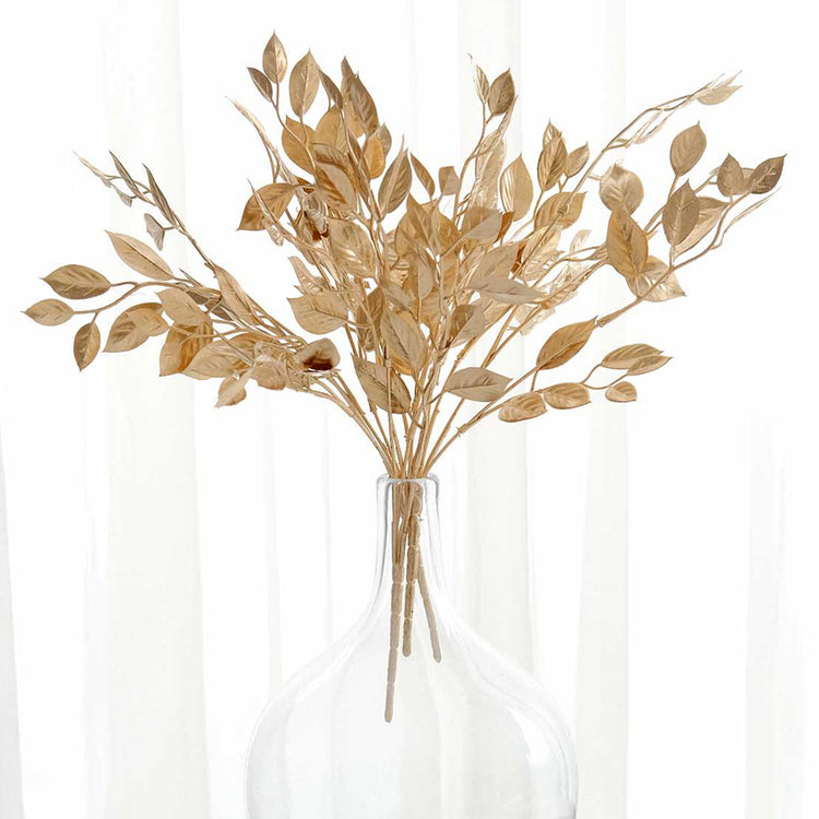 4 Pack Metallic Gold Artificial Italian Ruscus Leaves Branches, Faux Spray Plant Stem Vase Fillers