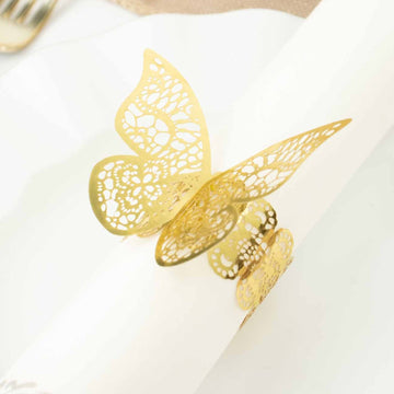 12 Pack Metallic Gold Foil Laser Cut Butterfly Paper Napkin Rings, Chair Sash Bows, Serviette Holders