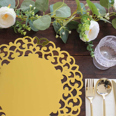 Gold decorative placemat with floral arrangement and dining setup.