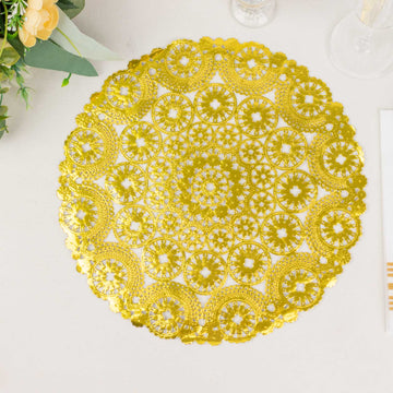 50 Pack Metallic Gold Medallion Style Paper Placemats, 12" Round Disposable Lace Doilies - 50GSM