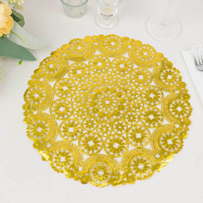 Gold lace table placemat for elegant dining decor.