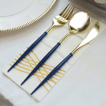 24 Pack Metallic Gold Modern Silverware Set, Premium Plastic Cutlery Set With Royal Blue Handle 8"