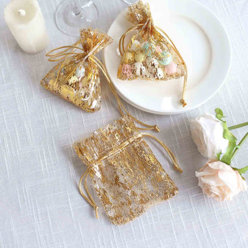 12 Pack Metallic Gold Foil Polyester Drawstring Favor Gift Bags, Wedding Party Candy Bags - 4"x5"