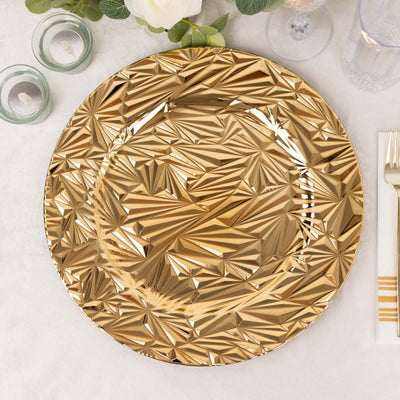 Decorative gold plate with a geometric design on a table setting.