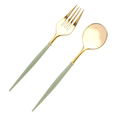 Gold utensils set with green handles on a white background.