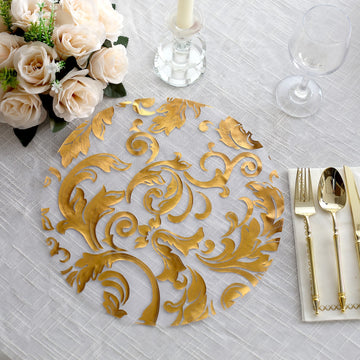 10 Pack Metallic Gold Sheer Organza Round Placemats with Swirl Foil Floral Design, 13" Disposable Dining Table Mats