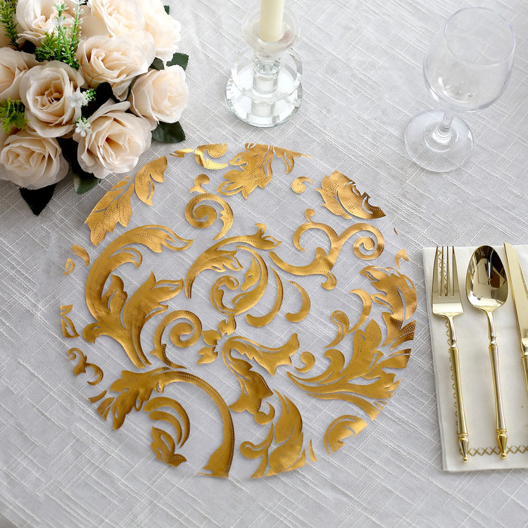 10 Pack Metallic Gold Sheer Organza Round Placemats with Swirl Foil Floral Design
