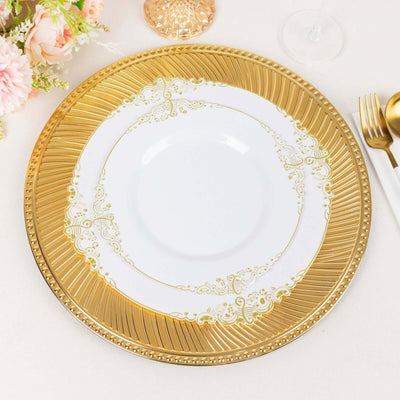 Elegant gold and white decorative plate with intricate design details.