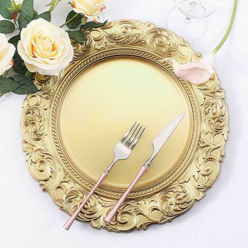 6 Pack Metallic Gold Vintage Plastic Serving Plates With Engraved Baroque Rim, Round Disposable Charger Plates 14"