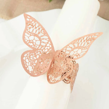 12 Pack Metallic Rose Gold Foil Laser Cut Butterfly Paper Napkin Rings, Chair Sash Bows, Serviette Holders
