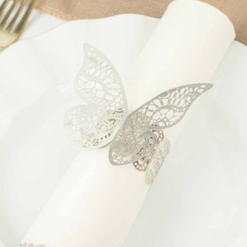 12 Pack Metallic Silver Foil Laser Cut Butterfly Paper Napkin Rings, Chair Sash Bows, Serviette Holders