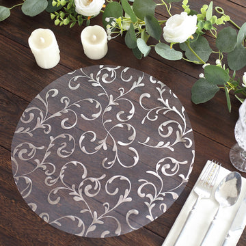 10 Pack Metallic Silver Sheer Organza Round Placemats with Embossed Foil Flower Design, 13" Disposable Dining Table Mats