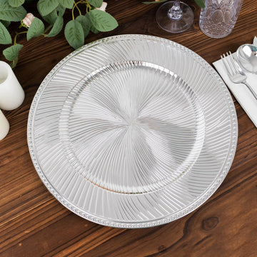 6 Pack Metallic Silver Swirl Pattern Acrylic Charger Plates With Beaded Rim, 13" Round Plastic Decorative Serving Plates