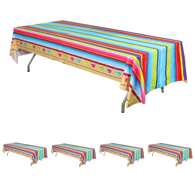 5 Pack Waterproof Plastic Tablecloths in Mexican Serape Fiesta Style, PVC Rectangle Disposable Cover