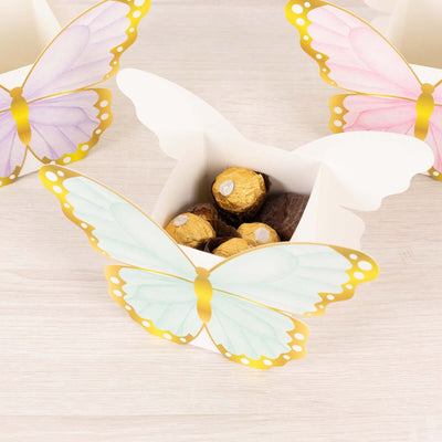 Butterfly-themed gift box with chocolates inside, festive decoration.