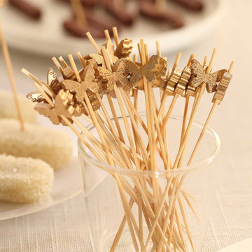 100 Pack Natural Biodegradable Butterfly Cocktail Sticks - Eco Friendly Bamboo Skewers Party Picks
