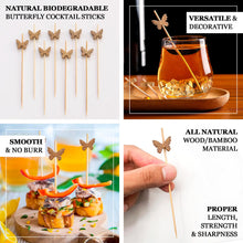 100 Pack Natural Biodegradable Butterfly Cocktail Sticks, Eco Friendly Bamboo Skewers