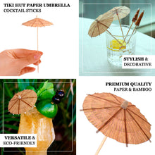 50 Pack Natural Biodegradable Tiki Hut Paper Umbrella Cocktail Sticks, Eco Friendly Bamboo Skewers