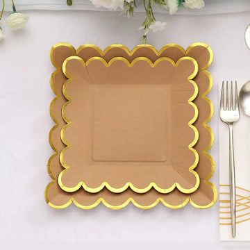 25 Pack Natural Brown Paper Dessert Plates With Gold Scalloped Rim, Disposable Salad Appetizer Party Plates 7" Square