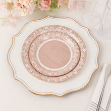 25 Pack Natural Burlap Print Dinner Paper Plates With White Floral Lace Rim