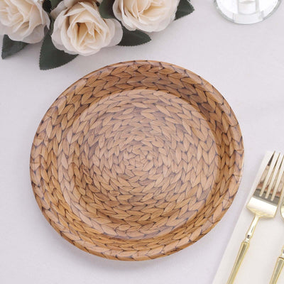 Woven round plate with a natural design on a light table setting.