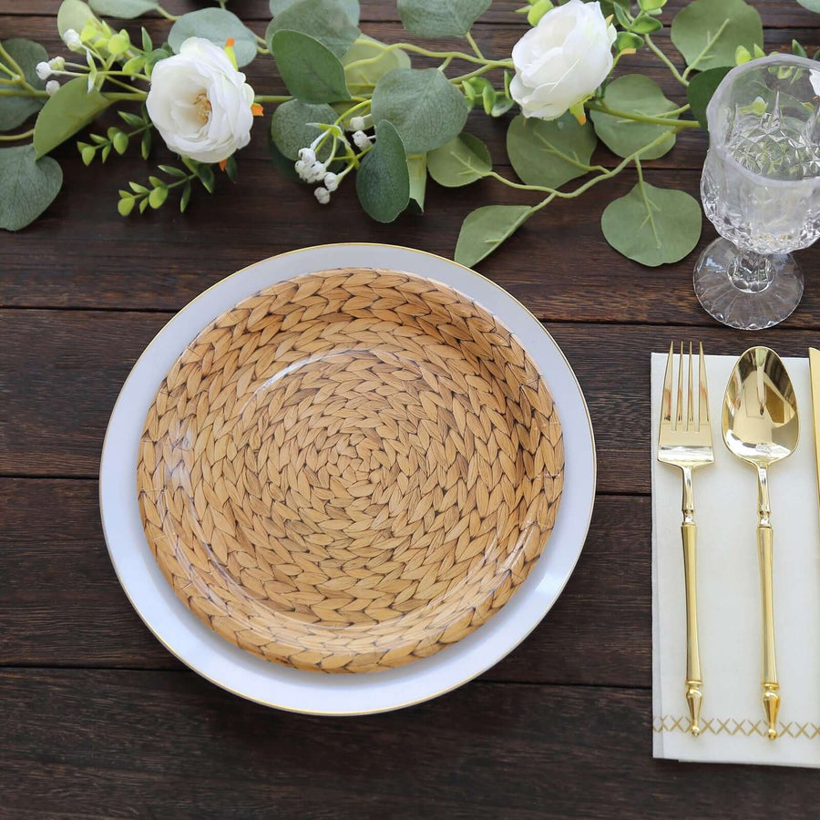 Natural paper dinner plates with a woven rattan print