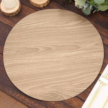 6 Pack Natural Paper Placemats With Walnut Wood Design, Round Disposable Dining Table Mats 13"