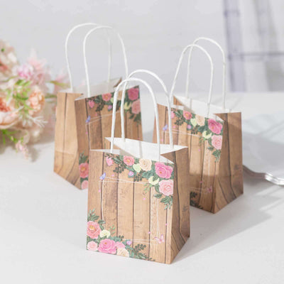 Floral-themed gift bags with wooden design on a light surface.