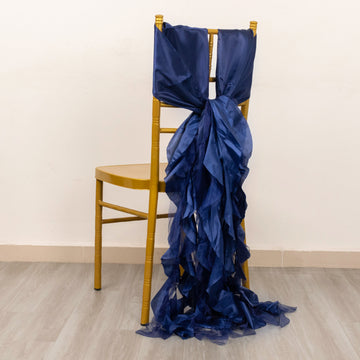 5 Pack Navy Blue Curly Willow Chiffon Satin Chair Sashes