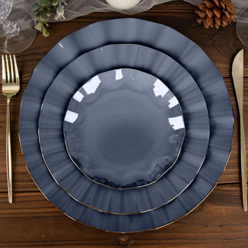 10 Pack Navy Blue Hard Plastic Dessert Plates with Gold Ruffled Rim, Heavy Duty Disposable Salad Appetizer Dinnerware 6"