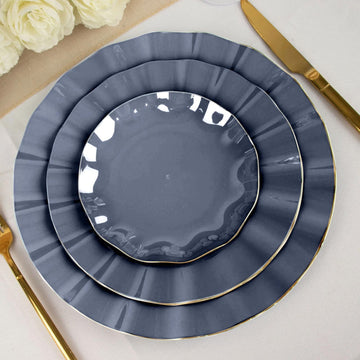 10 Pack Navy Blue Hard Plastic Dessert Plates with Gold Ruffled Rim, Heavy Duty Disposable Salad Appetizer Dinnerware 6"