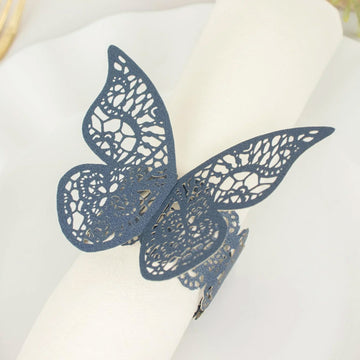 12 Pack Navy Blue Shimmery Laser Cut Butterfly Paper Napkin Rings, Chair Sash Bows, Serviette Holders