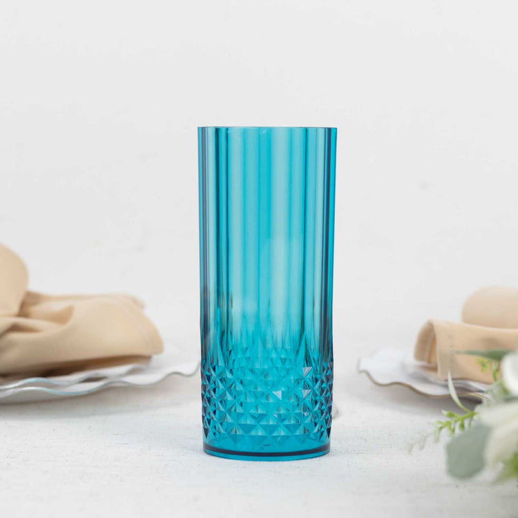 6 Pack Ocean Blue Crystal Cut Reusable Plastic Highball Drink Glasses, Shatterproof Tall Cocktail