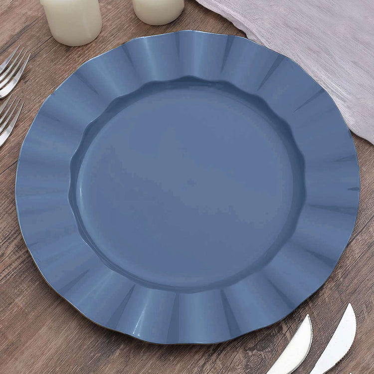 10 Pack | 11 Ocean Blue Plastic Party Plates With Gold Ruffled Rim, Round Disposable Dinner Plates