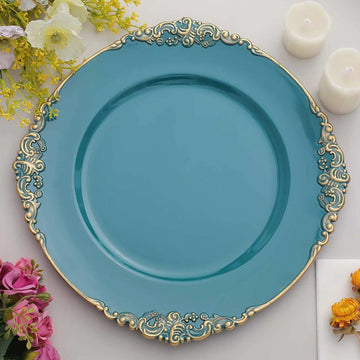 6 Pack Peacock Teal Gold Embossed Baroque Round Charger Plates With Antique Design Rim 13"