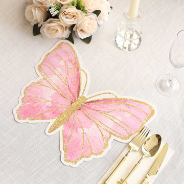 10 Pack Pink Gold Glitter Butterfly Cardboard Paper Placemats, 14" Disposable Table Mats - 400GSM
