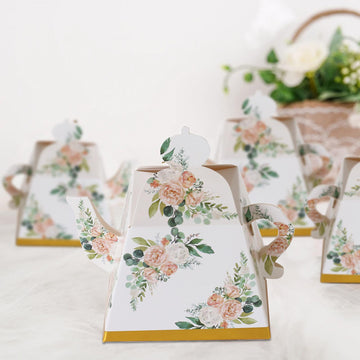 25 Pack Pink Peony Floral Mini Teapot Gift Boxes with Gold Edge, Tea Time Party Favor Boxes - 5"x4"