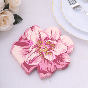 20 Pack Pink Peony Flower Shaped 2-Ply Paper Cocktail Napkins For Wedding Shower, Elegant Disposable Party Beverage Napkins