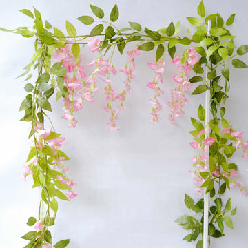 2 Pack Pink Silk Wisteria Flower Garland Hanging Vines, Artificial Floral Garland Wedding Arch Decor - 6ft