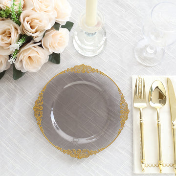 Elegant Transparent Black Plastic Plates with Gold Leaf Embossed Baroque Rim