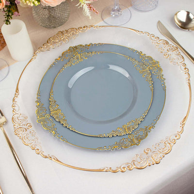 Elegant blue and gold decorative plate set on a dining table.
