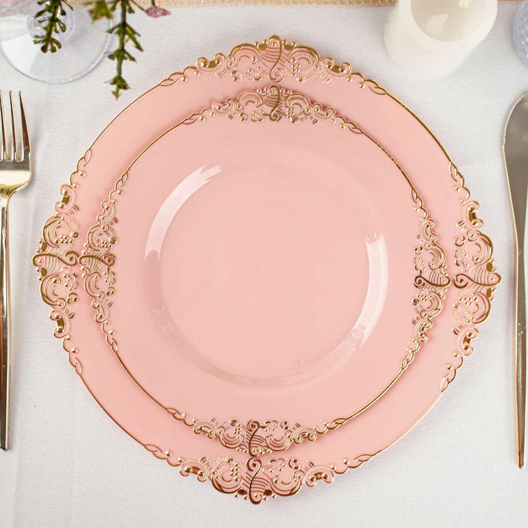 10 Pack Plastic Dessert Salad Plates In Vintage Dusty Rose, Gold Leaf Embossed Baroque Disposable