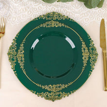 10 Pack Plastic Dessert Salad Plates In Vintage Hunter Emerald Green, Gold Leaf Embossed Baroque